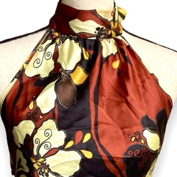 Green Apple Halter floral print self knot neck silky top blouse size Small - Picture 6 of 9